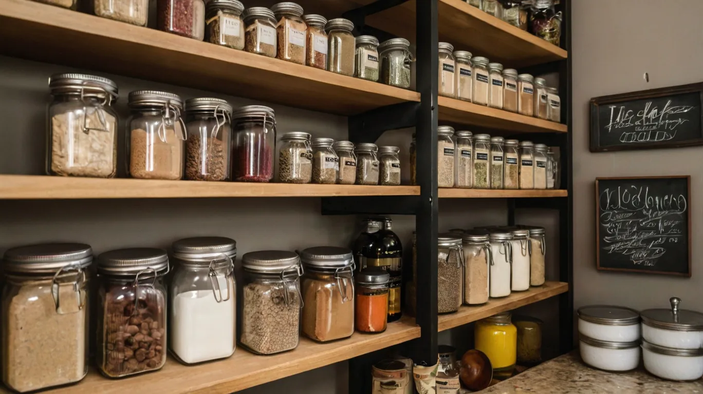 A well-stocked kitchen shelf with spices